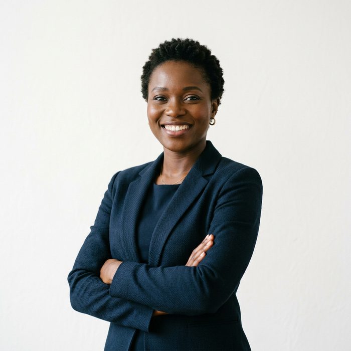 Portrait généré par IA d’une cheffe d’entreprise souriante, les bras croisés.