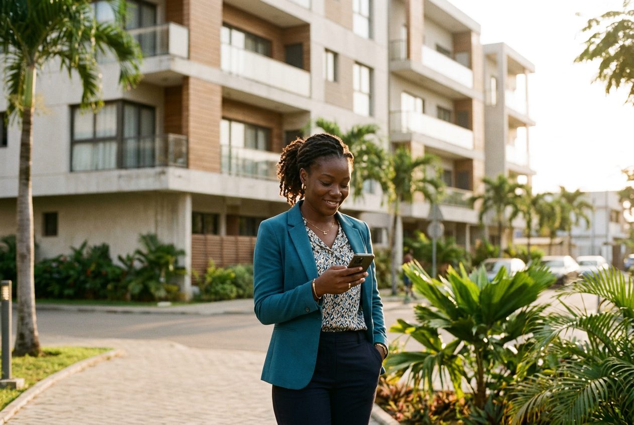 Une agente immobilière consulte son téléphone devant un immeuble résidentiel à Abidjan.