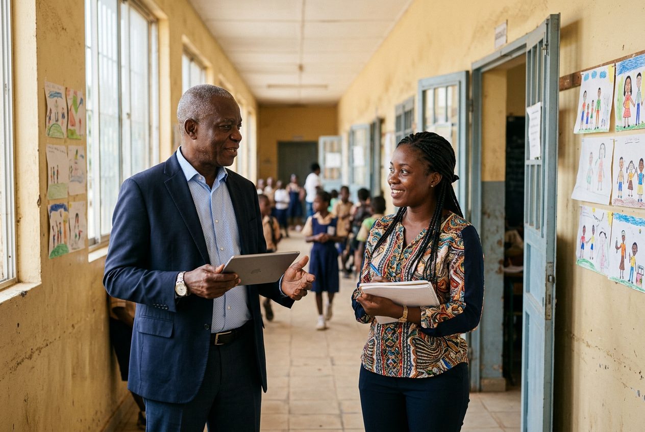 Un directeur d’école et une enseignante échangent dans un couloir d’école à Abidjan.