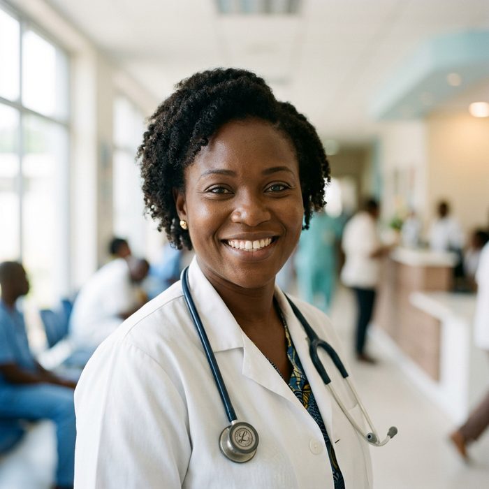 Portrait généré par IA d’une médecin en blouse blanche.