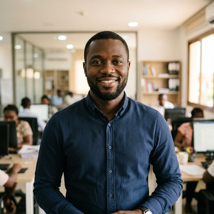 Portrait généré par IA d’un comptable en chemise bleue.