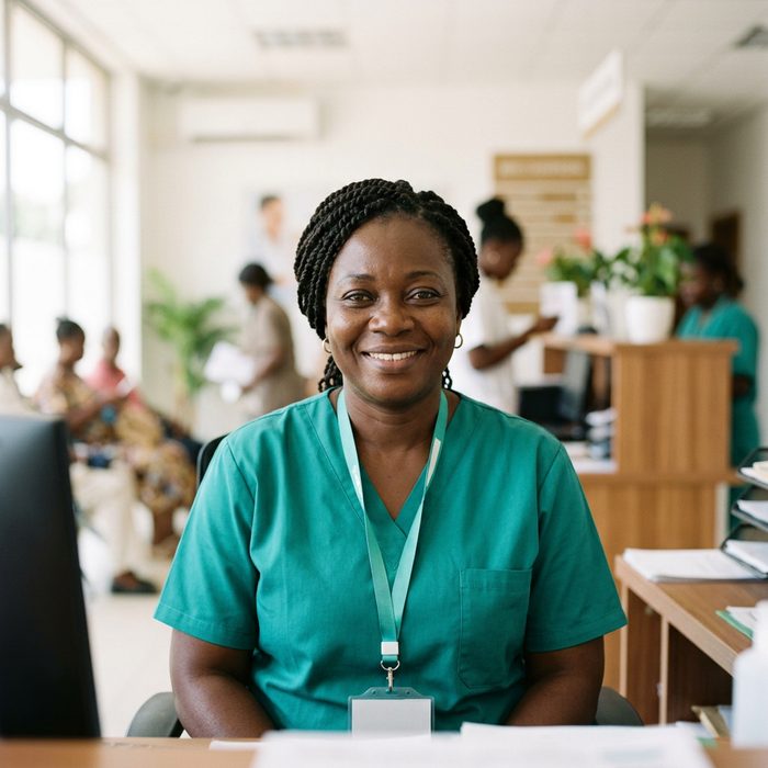 Portrait généré par IA d’une responsable de clinique en tunique verte.