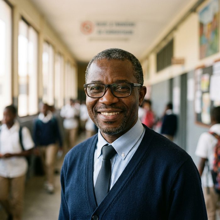 Portrait généré par IA d’un directeur d’école en cardigan.