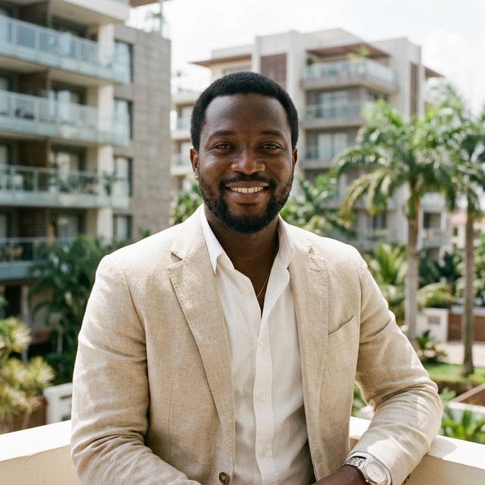 Portrait généré par IA d’un agent immobilier devant un immeuble.